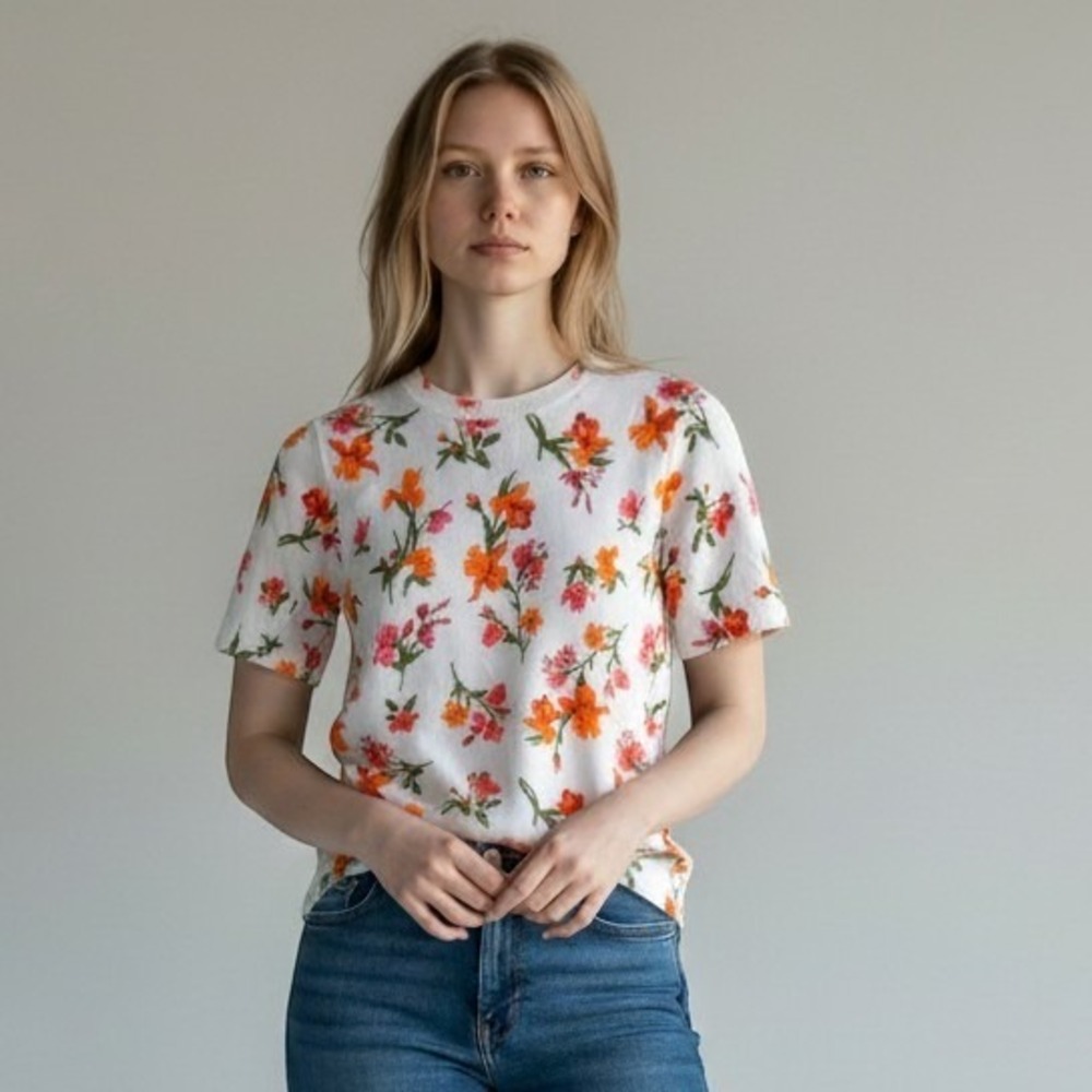 Vince Camuto Ivory Floral Short Sleeve Crew Neck Sweater Size XL / #26914